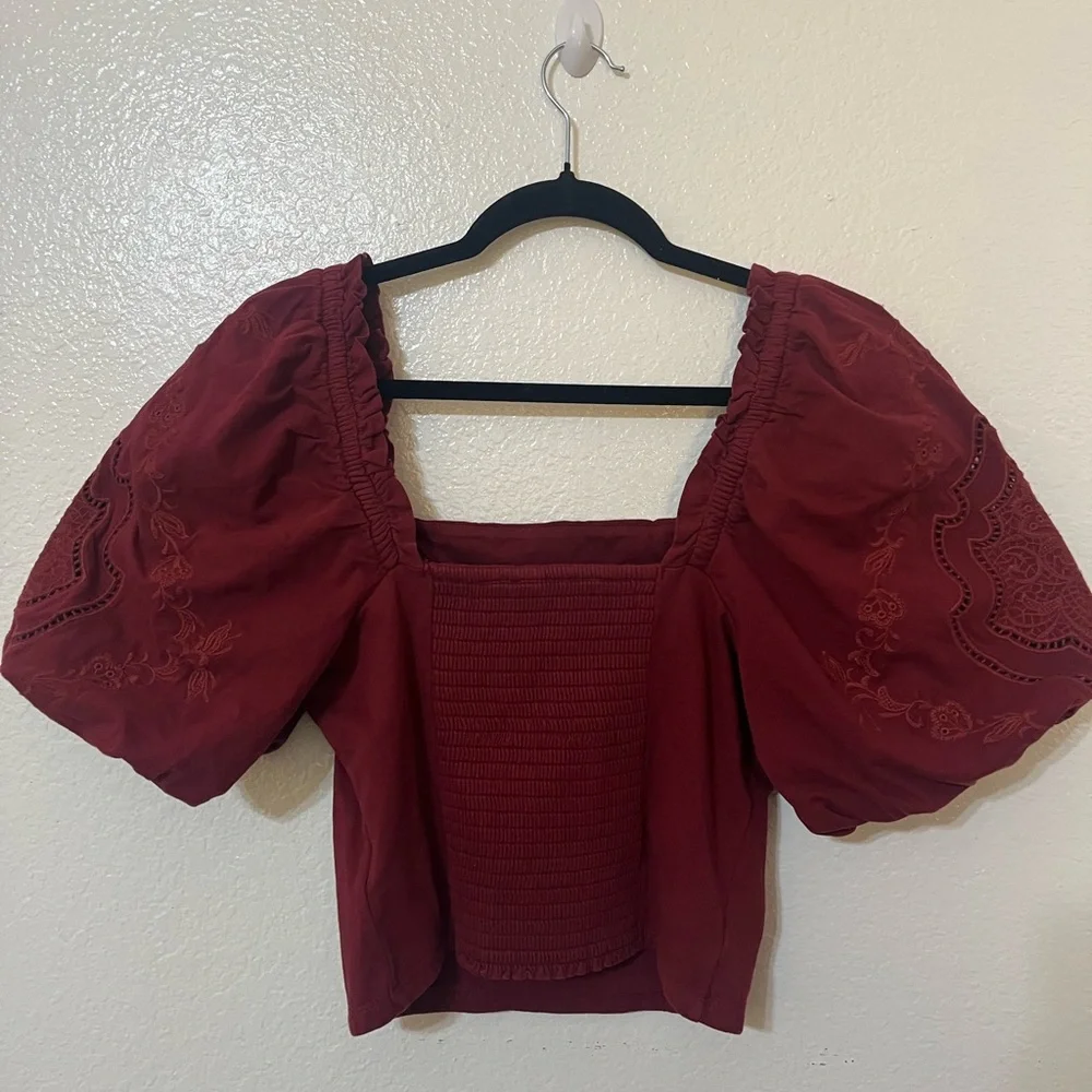 Express Puff Sleeve Burgundy Blouse with Embroidered Details - Picture 3 of 4